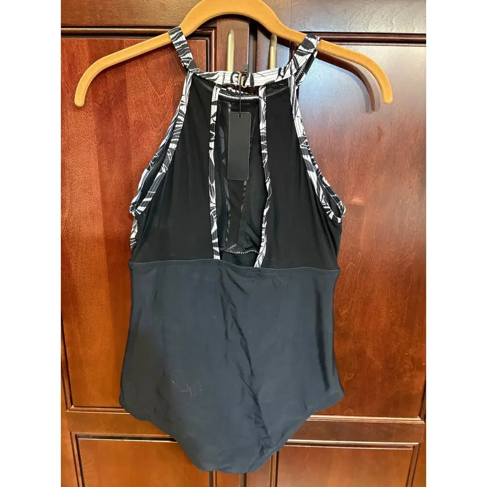 Tempt Me Black White One Piece High Neck Tummy Control Bathing Suit Size M NWT - Picture 13 of 16